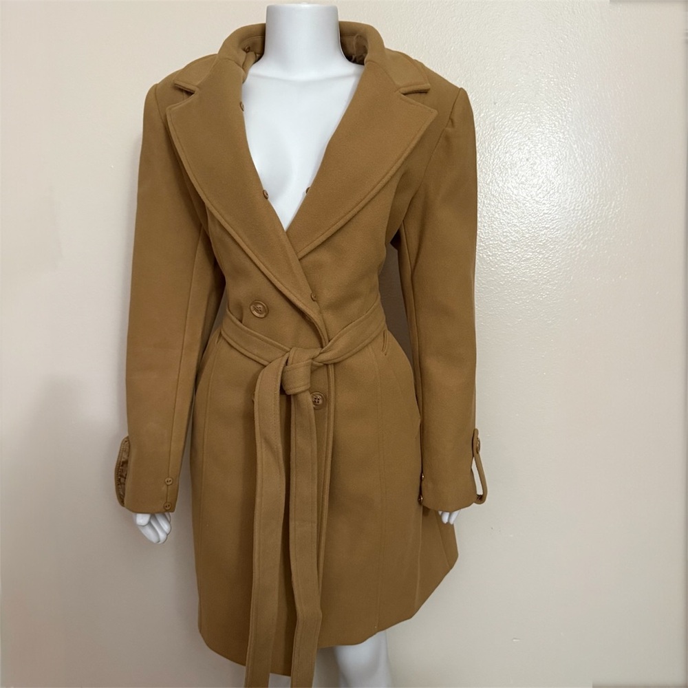 Khaki removable faux fur on collar and cuffs belted pea coat - Picture 9 of 14